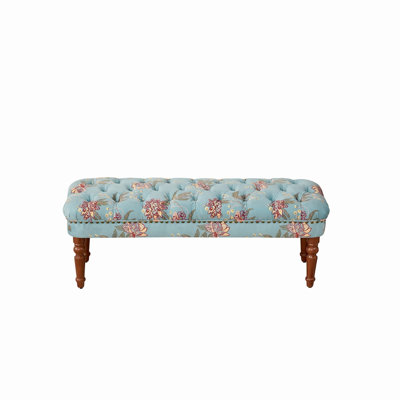 European Style Tufted Floral Bench with Turned Wood Legs