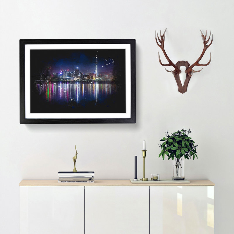 Reflections Of The Auckland Skyline - Picture Frame Graphic Art, Black Framed, 62cm H x 87cm W x 2cm D