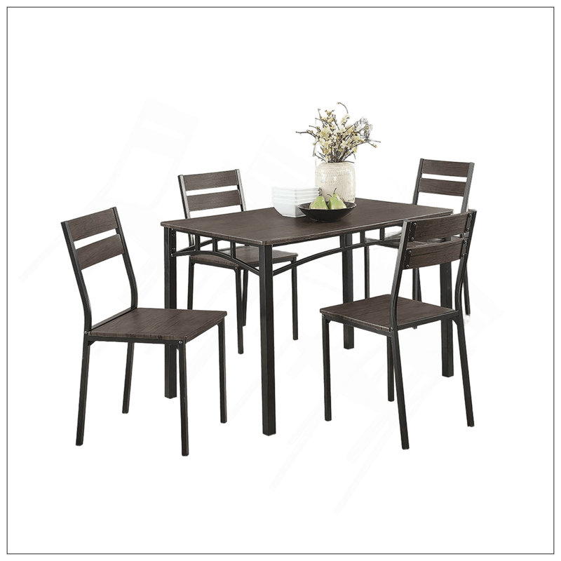 Table de salle à manger de style industriel avec cadre brun antique en métal noir, 5 pièces: table, 4 chaises