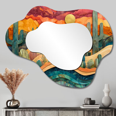 Miroir décoratif vert minimaliste asymétrique - Désert de cactus sur plateau en bois II, impression sur métal
