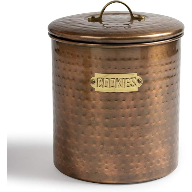 Pot en acier inoxydable | Finition cuivre antique martelé | Mignon contenant, support de rangement décoratif pour aliments pour biscuits, biscuits et gâteries de cuisine, avec couvercle en caoutchouc | 4 pte
