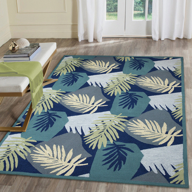 Tapis bleu / vert / gris clair en polyester touffeté à la main Magrébe, Rectangle 7 pi 6 po x 9 pi 6 po