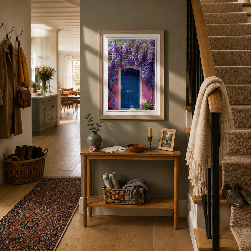 Wisteria Garden Door Botanical - Framed Print, A2 - 59.4 x 42.0 cm, Oak