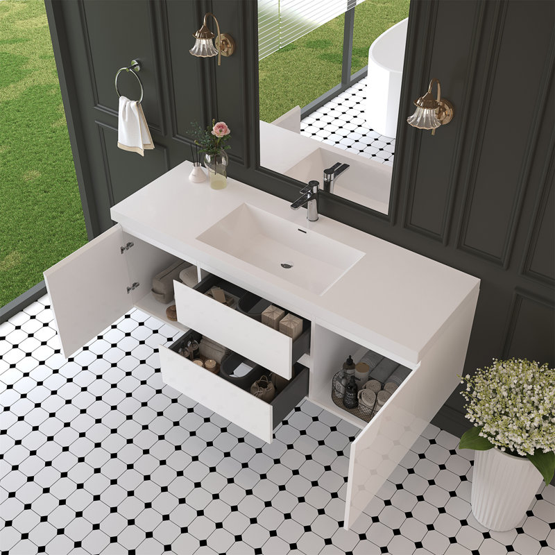 Meuble-lavabo flottant 60 po avec lavabo, Blanc lustré, 60"
