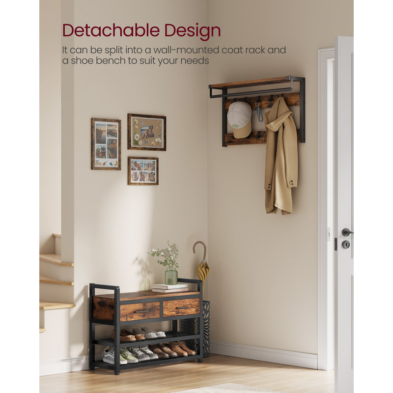  Hall Tree With Bench And Shoe Storage, Vintage Brown/Ink Black