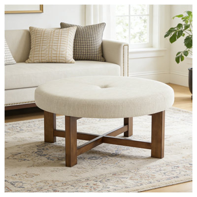 Repose-pieds rond beige en tissu avec base en bois massif, repose-pieds de table basse de 35 po au fini naturel