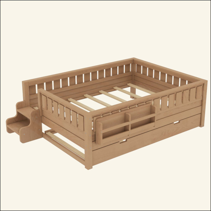 Lit avec bibliothèque intégrée et petit escalier, rails de sécurité de haute qualité et lit gigogne, Full / Double, Natural