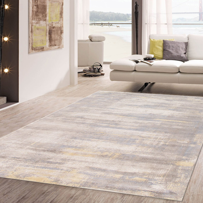 Tapis beige / gris en laine / soie tissé à la main, Rectangle 9 pi x 12 pi