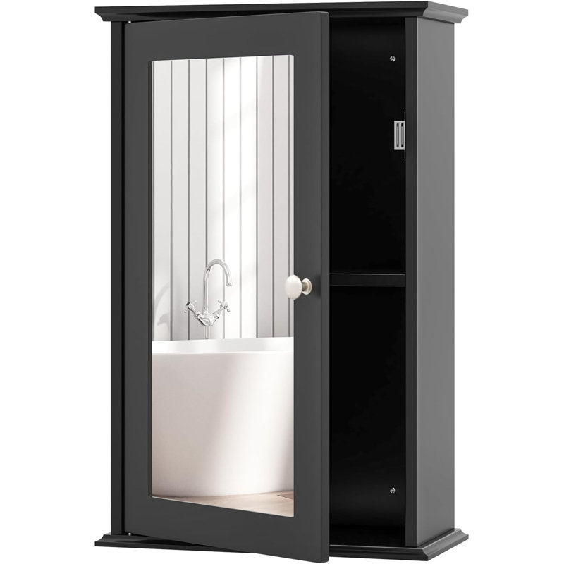 Bathroom Medicine Cabinet Wall Mounted Mirror Cabinet w/ Single Door, Black