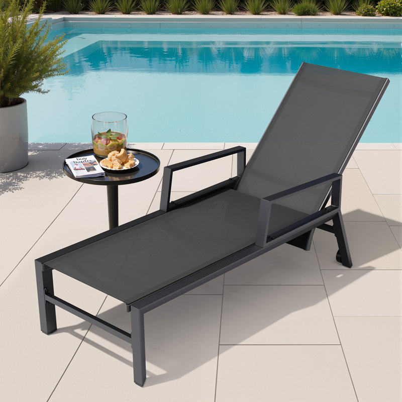 Recliner Patio Aluminum Chaise Lounge, Adjustable Backrest by an Air cylinder, Black