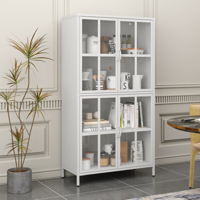 Armoire de rangement en métal de qualité supérieure avec portes en verre trempé, buffets et tablettes, tablettes réglables, dispositif anti-basculement, fermeture silencieuse magnétique et pieds réglables pour la maison et le bureau