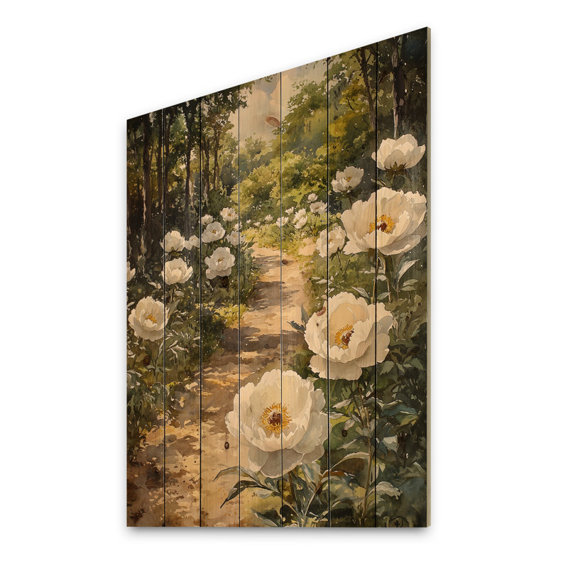 Pivoines sur le chemin de la ferme I - Art mural en bois pivoines - sur bois de pin naturel, H 40 po x l 30 po x P 0,78 po