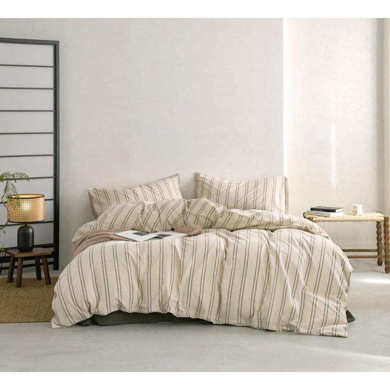 Ensemble de housse de couette à rayures 100% coton délavé, housse de couette beige à rayures grises avec fermeture à glissière et attaches d'angle (3 pièces)
