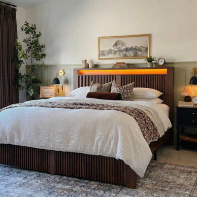 Fluted Panel Platform Bed with Storage, LED Lights & USB Charging