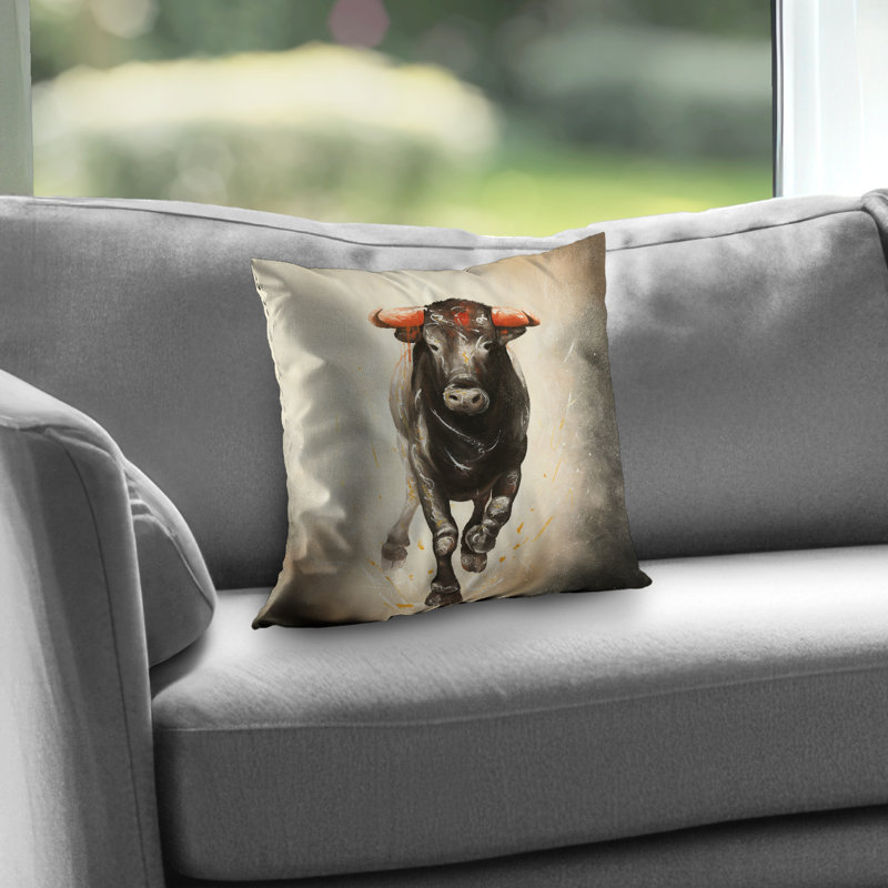 Bull Running Poly Twill Throw - Man Cave Animals – Throw Pillow Cover Only, Double-Sided Print, Insert Not Included