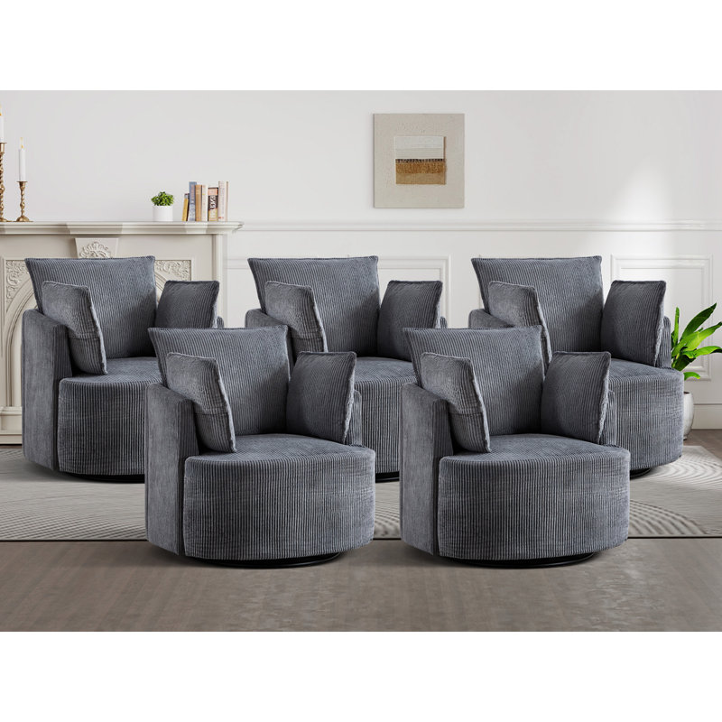 33.86'' Wide Contemporary Soft Upholstered Swivel Barrel Chair With Two Accent Pillows, Dark Gray