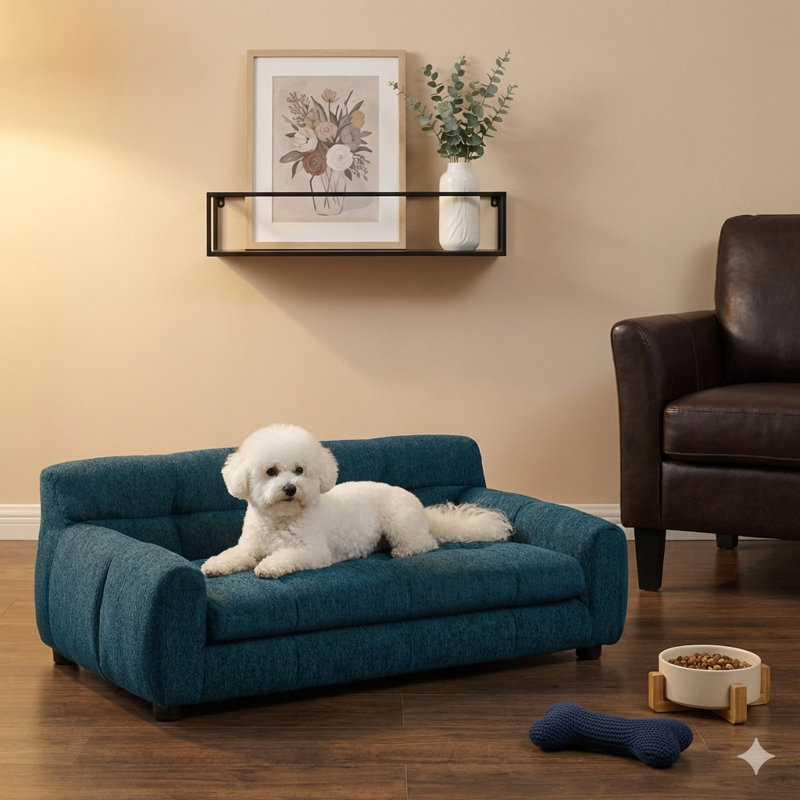 Canapé moelleux et confortable avec dossier et accoudoirs, idéal pour les canapés rectangulaires contemporains conçus pour les chiens de petite et moyenne race, finition bleue