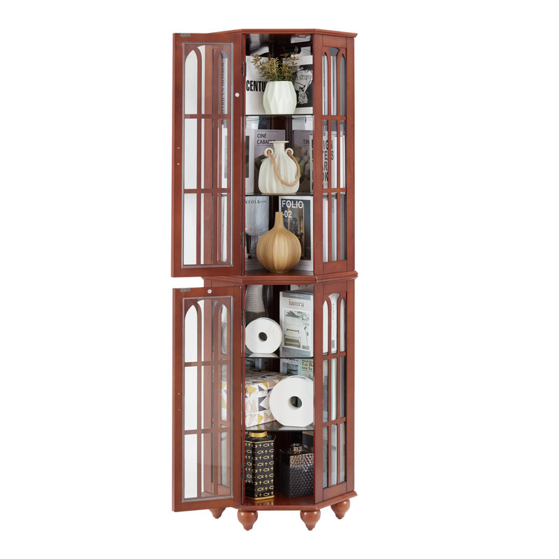 Corner Curio Cabinet With 4 Adjustable Tempered Glass Shelves And Lighting System, Solid Wood Legs,Acrylic Mirrored Back Panel(E26 Light Bulb Not Included)