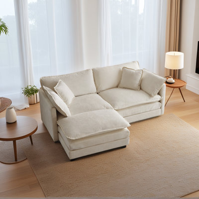 Light Coffee Chenille Upholstered 2-Seater Sectional Sofa With Movable Ottoman, Convertible To L-Shape For Small Spaces