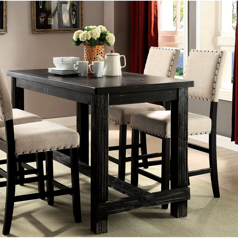 Table de salle à manger à hauteur de comptoir antique antique - charme rustique, plateau solide noir classique, stable