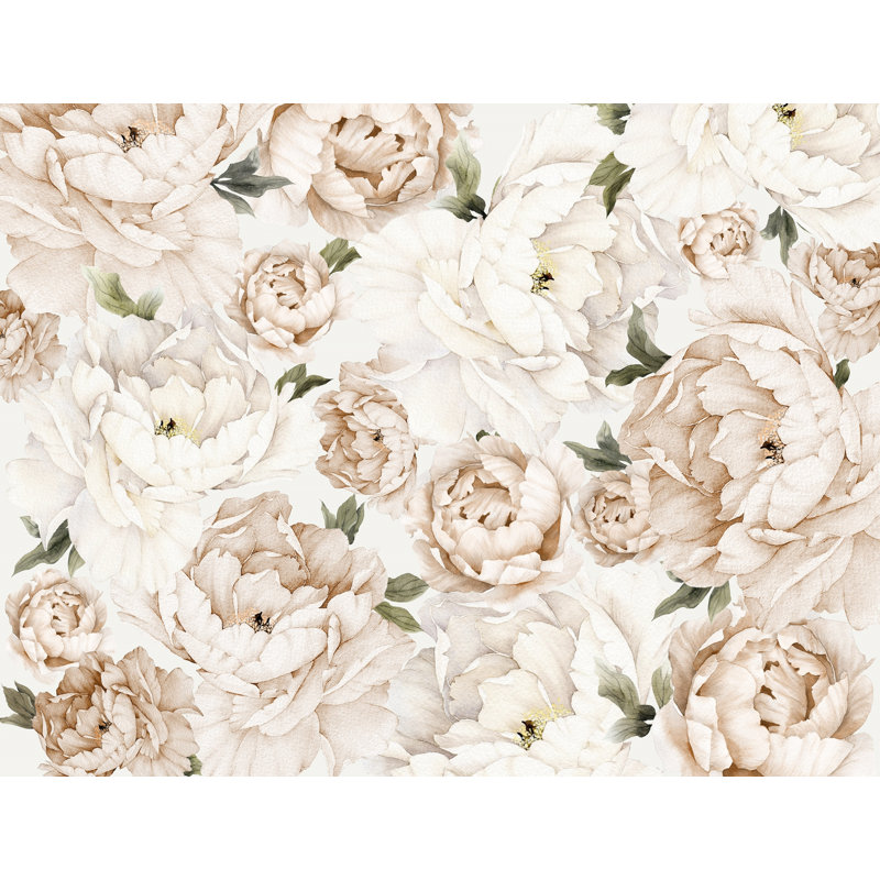 Papier peint floral pivoine beige crème sur fond blanc doux, L 9,58 po x L 225 po