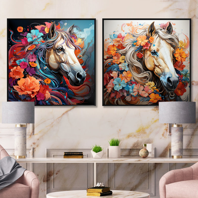 Popart Horse Portait - Ensemble de 2 animaux carrés, Cadre flottant noir, H 16 po x l 33 po