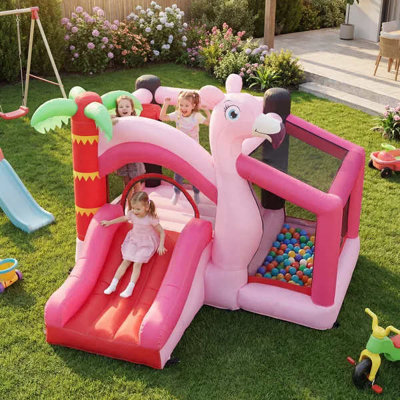 Château gonflable gonflable avec piscine à balles, panier de basketball, château gonflable sauteur avec ventilateur pour l'intérieur et l'extérieur, rose