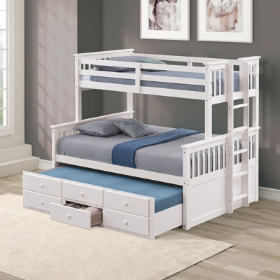Transitional Twin Over Full Bunk Bed With White Finish Highlights, Side And 3 Under - Drawers, Solid Engineered Wood Build, Insert & Lock System, Trundle For Bedroom Decor Requirements, Simple