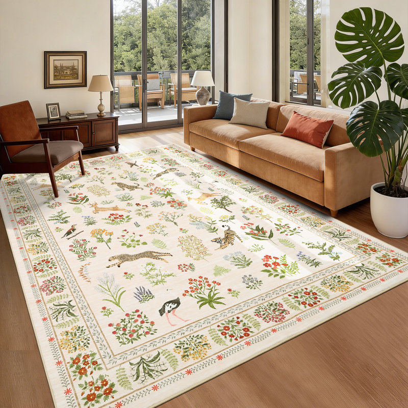 Machine Washable Area Rug for Living Room Vintage Animal Print Rug Floral Non Slip Carpet Foldable ursery Laundry Room Rugs