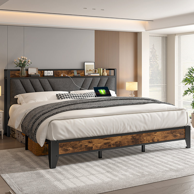 Bed Frame With Power Outlets, Storage Bed Frame With Upholstered Headboard, King