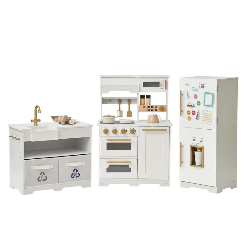 Teamson Kids Little Chef Atlanta Modular Wooden Pretend Play Kitchen +17 Accessories & Interactive Toy Appliances, White/Gold