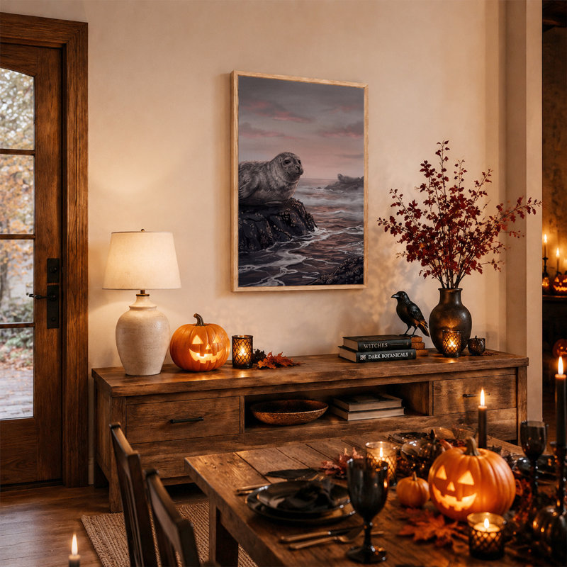 Deux sceaux sur des roches Barnacled au coucher du soleil, art d'Halloween, 48"H x 36"W