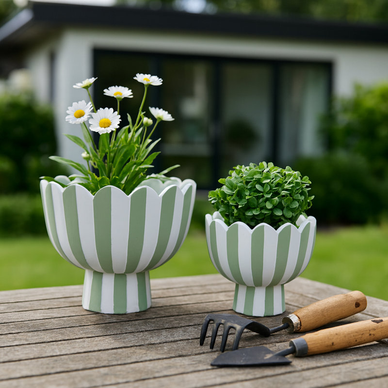 Planters Pottery And Cement Scalloped Rim Striped Design Indoor Outdoor Garden Use Set Of 2 - 8", 6" White & Green