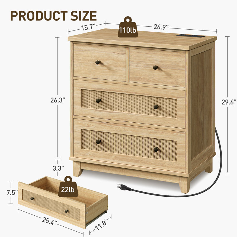  Mikels 26.9"W Night Stand with Drawers, Rattan Nightstand with Charging Station, 27.6" W x 29.6" H, Boho End Tables Living Room, Tall Nightstands with 4 Drawers