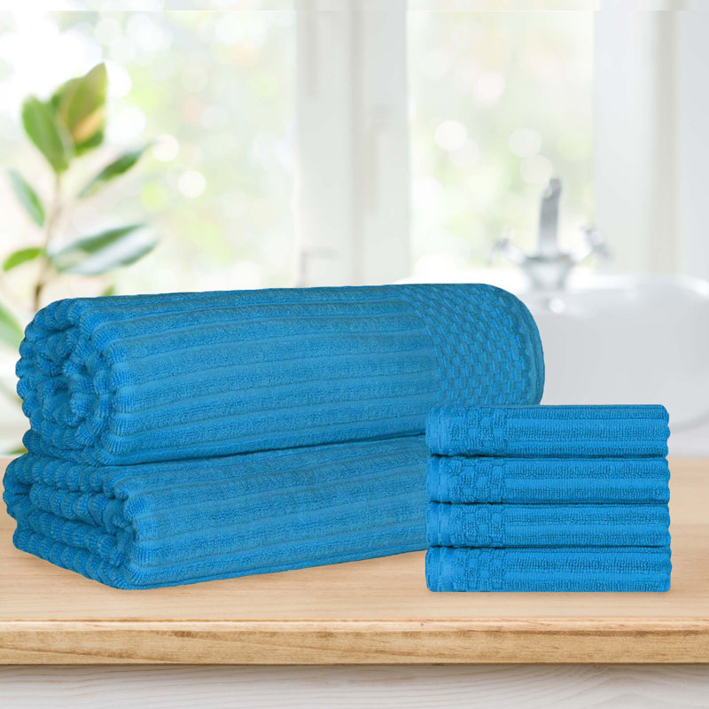 Keshayla Ribbed Cotton Highly Absorbent Hand Towels and Bath Sheet Set, Sky Blue