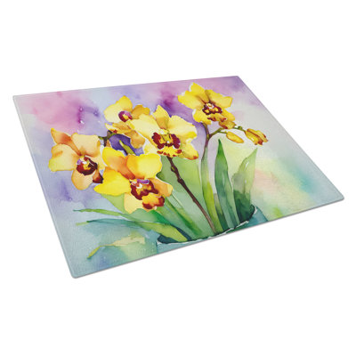 Orchidées dans une grande planche à découper en verre aquarelle