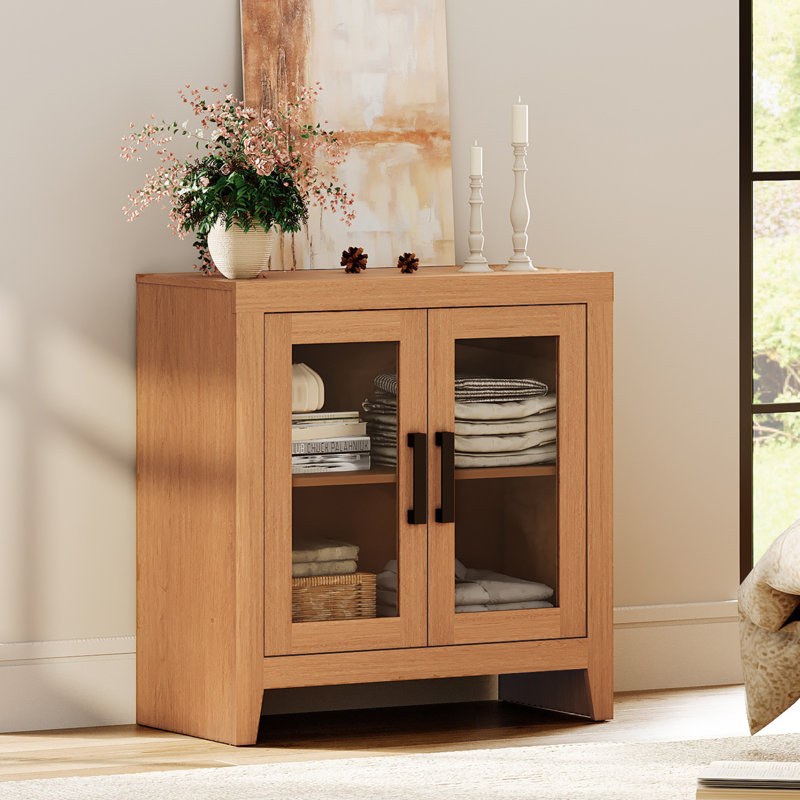 Farmhouse TV Stand For Tvs Up To 50”, Rustic Wood Entertainment Center With Adjustable Shelf, Glass Doors & Storage, Media Console Cabinet For Living-Room, Bedroom