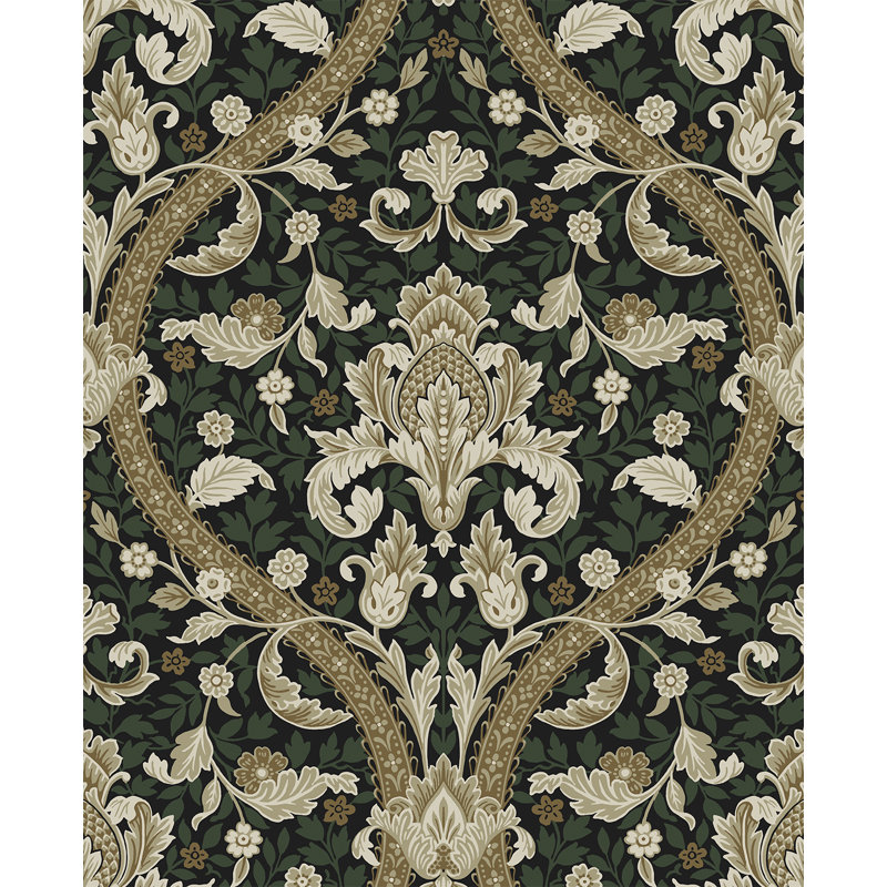 Papier peint adhésif Acanthus Ogee, Noir/vert