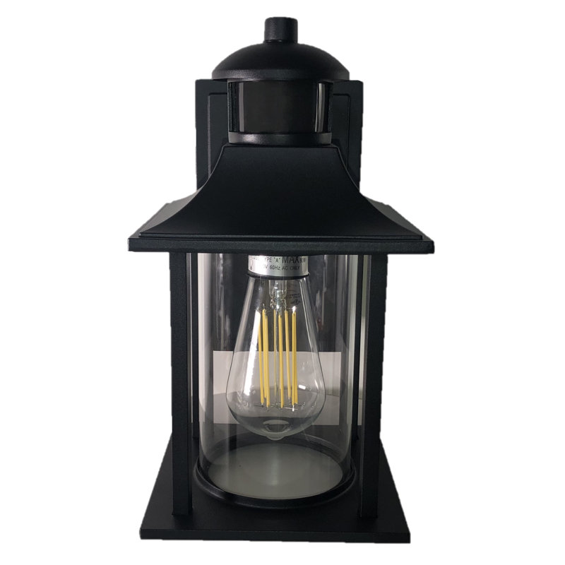 1-Light 12 In. Black Hardwired Lantern Porch Outdoor Wall Light With Clear Glass, 3000 Kelvins