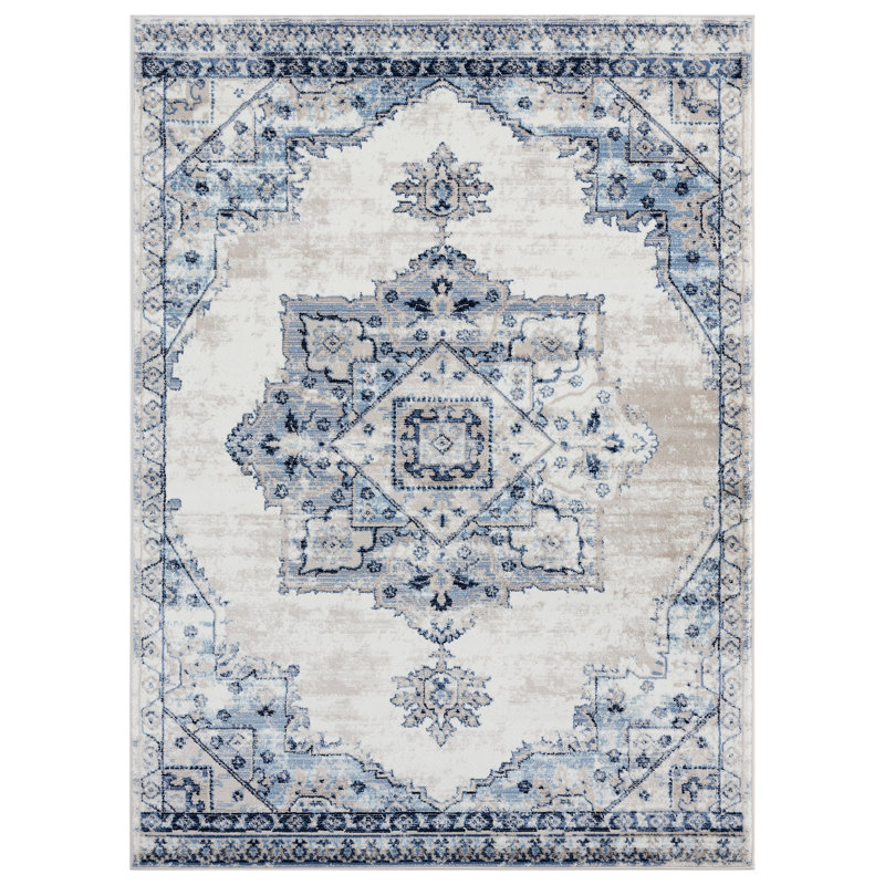 Tapis oriental ivoire / bleu Leeya, Rectangle 8 pi x 10 pi