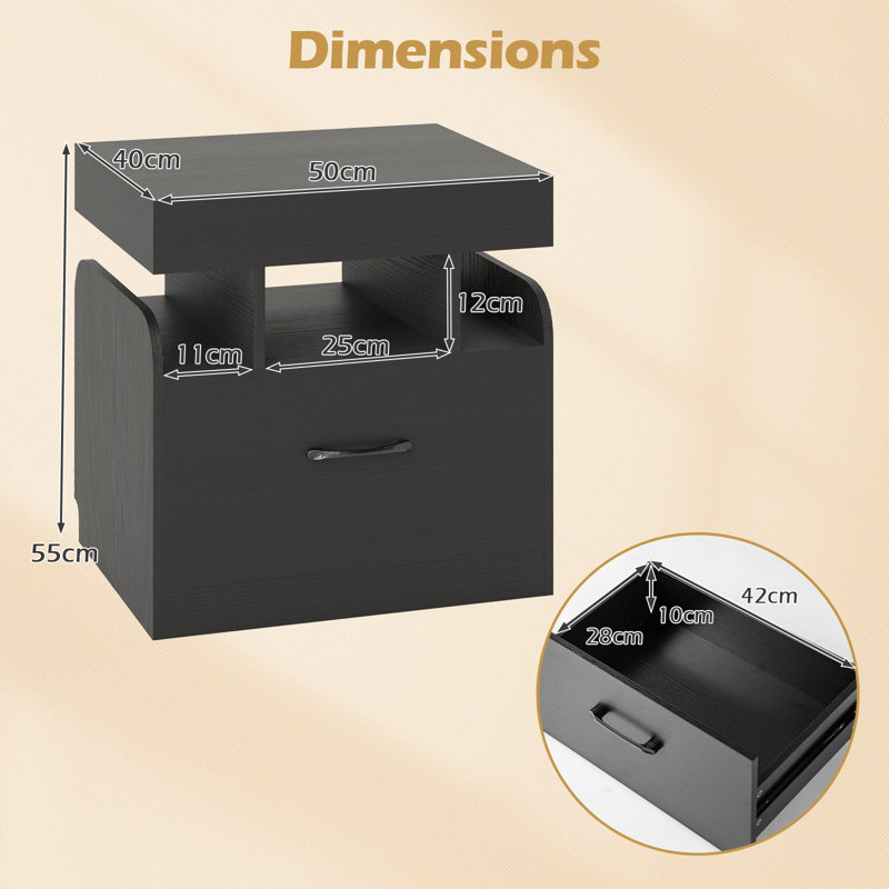 Nightstand Bedside Table With Drawer & Sliding Top Storage, Black