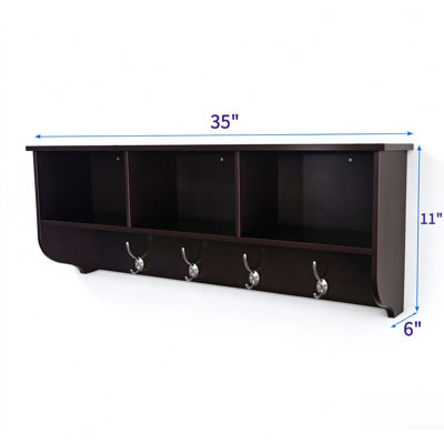 Wooden wall mounted entrance hanger, coffee colored storage cabinet with 3 storage rooms and 4 silver hooks, wall storage racks for corridors, bathrooms, and bedrooms