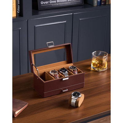 Coffret à montres 4 emplacements pour homme, boîte à bijoux pour homme avec couvercle en verre - Espresso