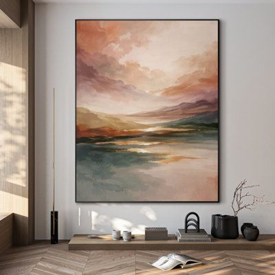 Extra Large Wall Art Fabric Print - Soft Pastel Sunset Landscape with Reflective River for Bedroom - "Frame Assembly Required (Unfinished Frame)"