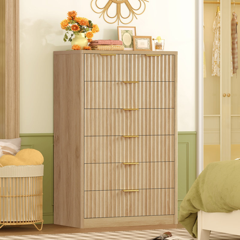 Commode à 7 tiroirs cannelée, commode en bois, pour chambre à coucher, naturel, Beige