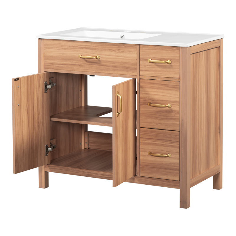 Meuble-lavabo contemporain de 36 po en bois, portes et tiroirs à fermeture en douceur, lavabo en céramique, tablette ajustable pour petits espaces de salle de bain, structure solide, 2 portes, 3 rangements compacts