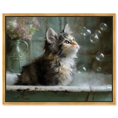 Décoration de salle de bain Kitten Curiosity, reproduction d'art sur toile, encadrée or, 36 x 30