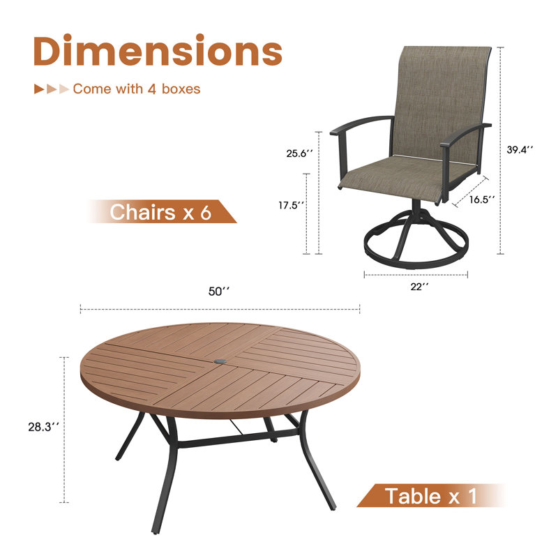 6-Person Patio Swivel Dining Set with 50" Dining Table and PVC-coated polyester Swivel Dining Chairs, Brush Wood Brown/Brown