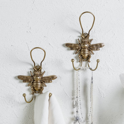 2 Piece Metal Gold Bee Triple Prong Utility Wall Mounted Over The Door Wall Hook