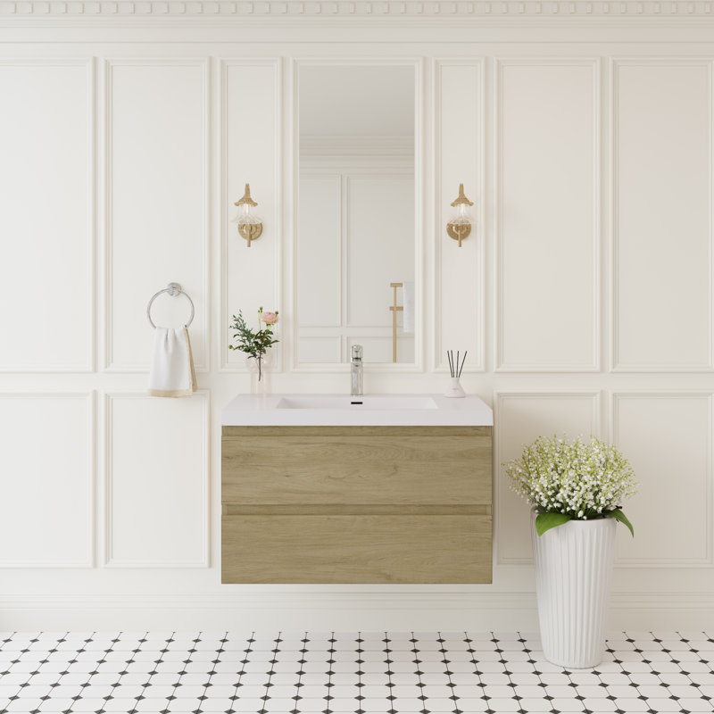 Meuble-lavabo mural flottant 36 po avec lavabo et rangement 36 po, Chêne naturel